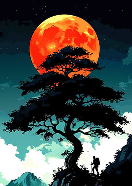 Silhouette Tree Under Orange Moon