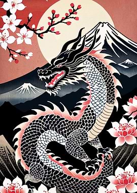 Japanese Dragon with Mount Fuji and Flowers