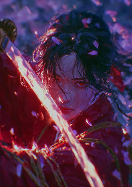 Samurai Warrior with Sword and Petals