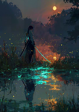 Samurai with Glowing Sword by Lake