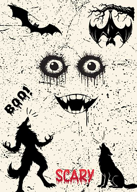 Boo! Scary – Haunted Eyes, Devil’s Laugh, Fox & Bats Halloween Art