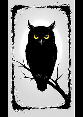 Black Owl with Yellow Eyes Illustration
