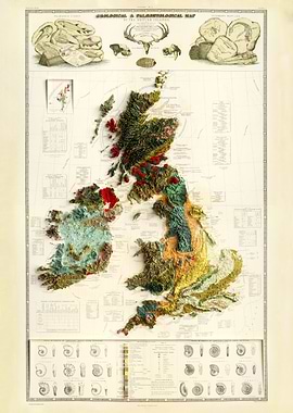 Geological and Palaeontological 3D Relief Map of 1854 British Isles