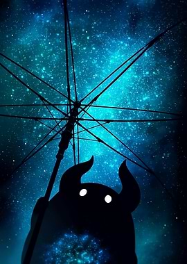 Silhouette of horned figure under umbrella