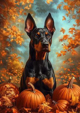 Doberman with Pumpkins in Autumn Setting | Autumn Dog Portrait