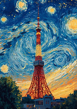 Tokyo Tower Starry Night Painting