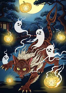 Halloween Cat Yokai Ghosts Pumpkins