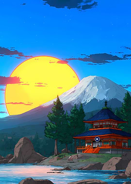 Japanese Temple with Mountain and Sun