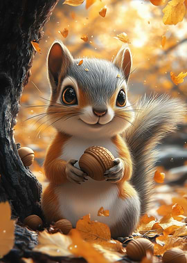 Cute Squirrel with Acorn in Autumn