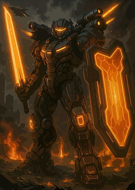 Futuristic Robot Warrior with Sword and Shield