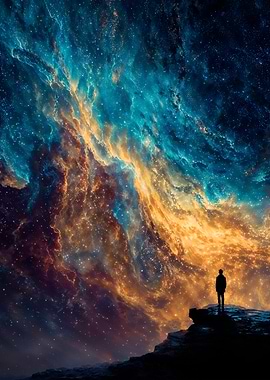 Cosmic Contemplation: Silhouette Under Nebula