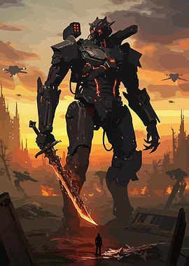 Giant Robot with Sword in Ruins