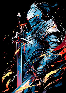 Blue Knight with Sword Digital Art
