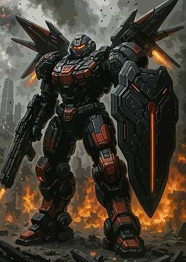 Futuristic Robot Warrior in War Zone