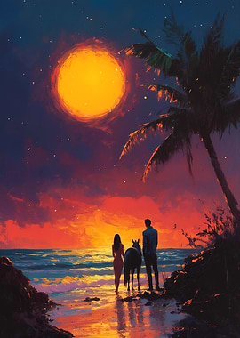 Couple with Horse on Beach at Sunset