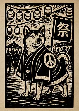 Shiba Inu Festival Woodcut Print