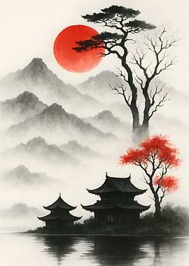 Japanese Landscape with Temple and Red Sun