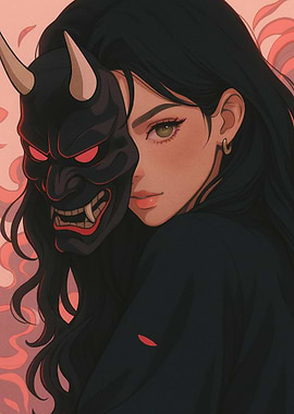 Girl with Oni Mask Digital Art