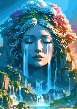 Crying Woman Waterfall Landscape Art