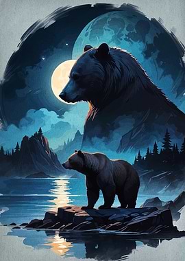 Bear by the Lake under Moonlight