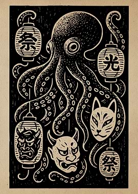 Octopus with Japanese Masks and Lanterns
