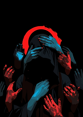 Hooded Figure Surrounded by Hands