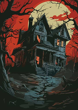 Haunted House Under a Red Moon