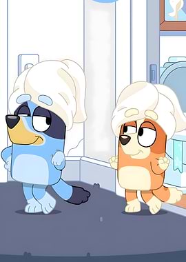 Bluey and Bingo with towels on heads