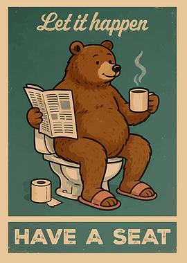 Bear on Toilet Reading Newspaper