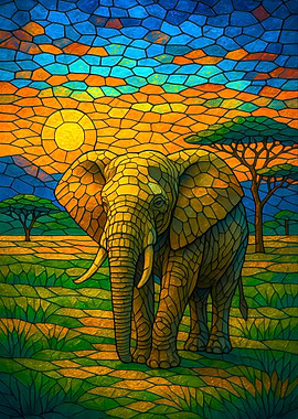 Stained Glass Elephant at Sunset