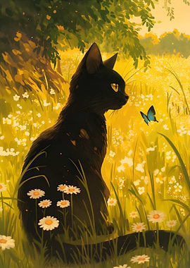 Black cat in a flower field