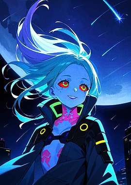 Cyberpunk Anime Girl Under Shooting Stars