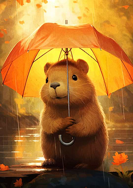 Cute Beaver with Umbrella in the Rain