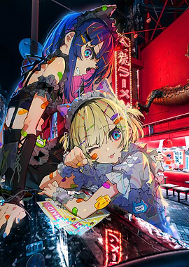 Anime Maid Cafe Girls in Cityscape