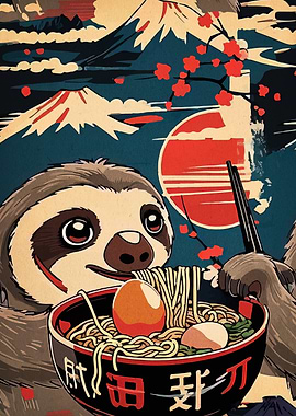 Sloth eating ramen with Mount Fuji