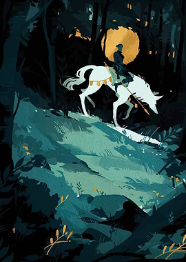 Rider on White Horse in Forest