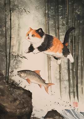 Cat and Fish Watercolor Painting