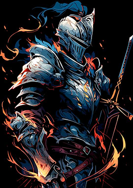 Armored Knight with Sword and Flames