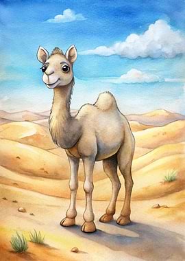 Cartoon Camel in Desert Watercolor Painting
