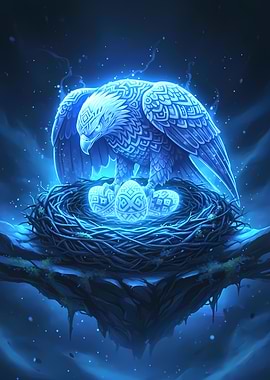 Glowing Eagle Nest with Patterned Eggs