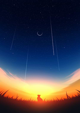 Cat Silhouette Under Starry Night Sky