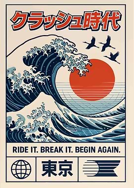 Japanese Wave Art with Cranes and Text