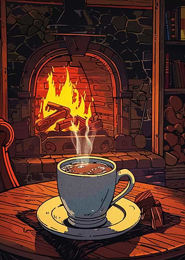 Cozy Fireplace with Coffee and Chocolate
