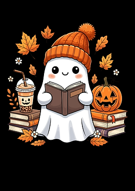 Cute Ghost Reading with Pumpkin and Boba