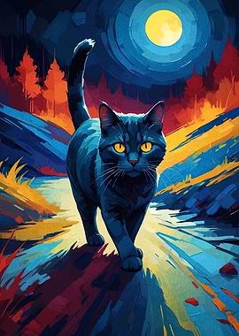 Black Cat Under Moonlight Painting