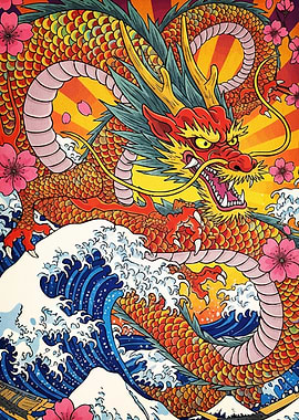 Japanese Dragon Waves Cherry Blossoms