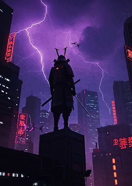 Cyberpunk Samurai Statue Under Lightning Storm