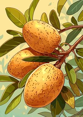 Illustration of ripe sapodilla fruits on branch
