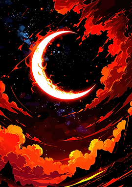 Fiery Crescent Moon in Starry Night