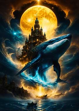 Celestial Whale & Moonlit Fantasy Citadel – Surreal Cosmic Ocean Artwork